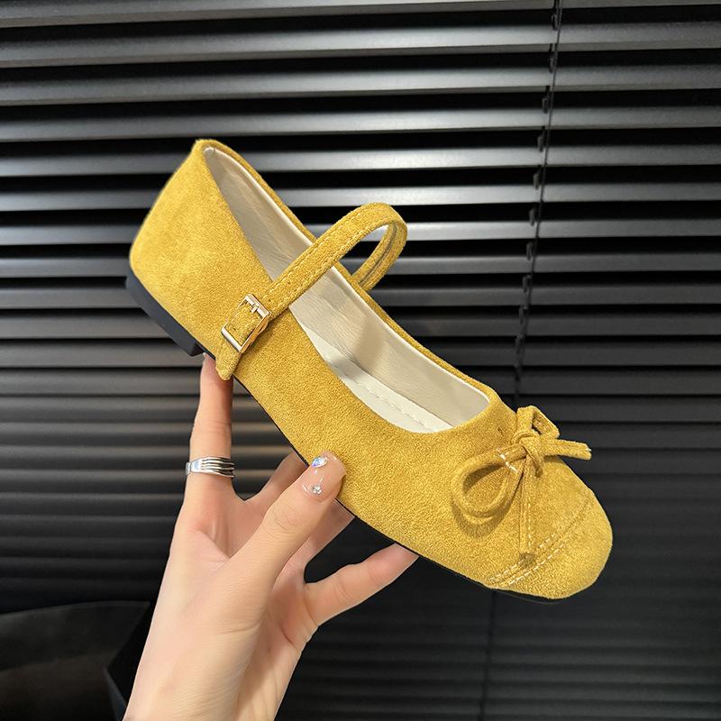 Soft-soled bow French small square head light mouth single shoes women's 2025 spring new one-word belt four-season commuting flats