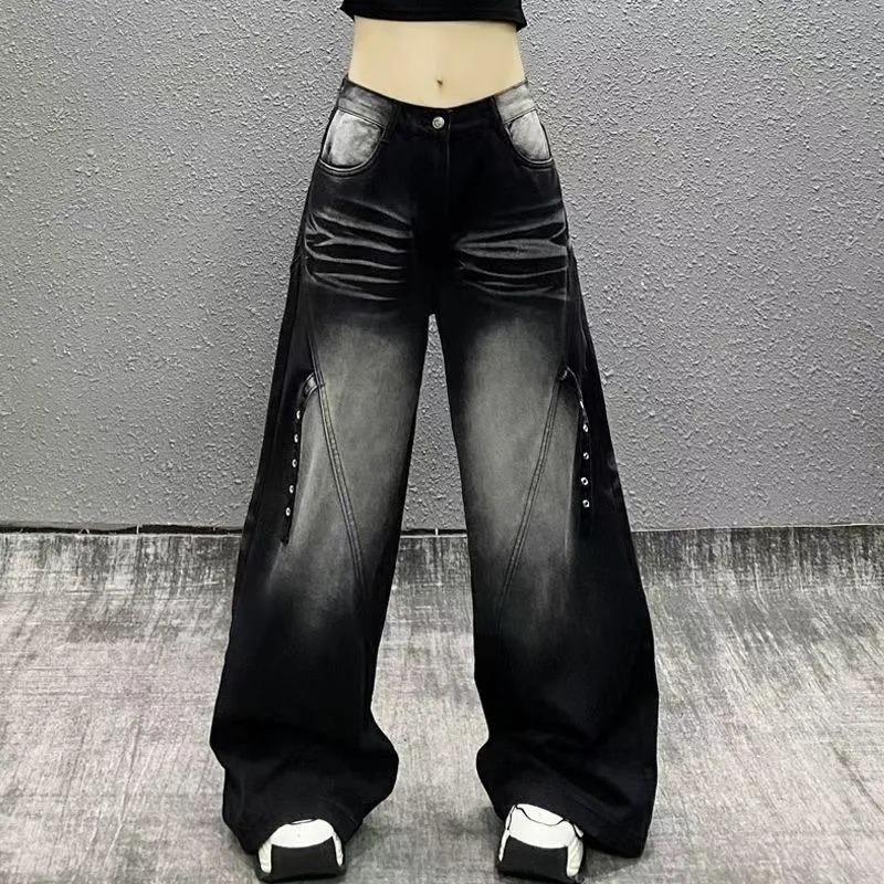 Women Gradient Washed Rivet Decor Wide Leg Denim Pants High Waist Baggy Jeans