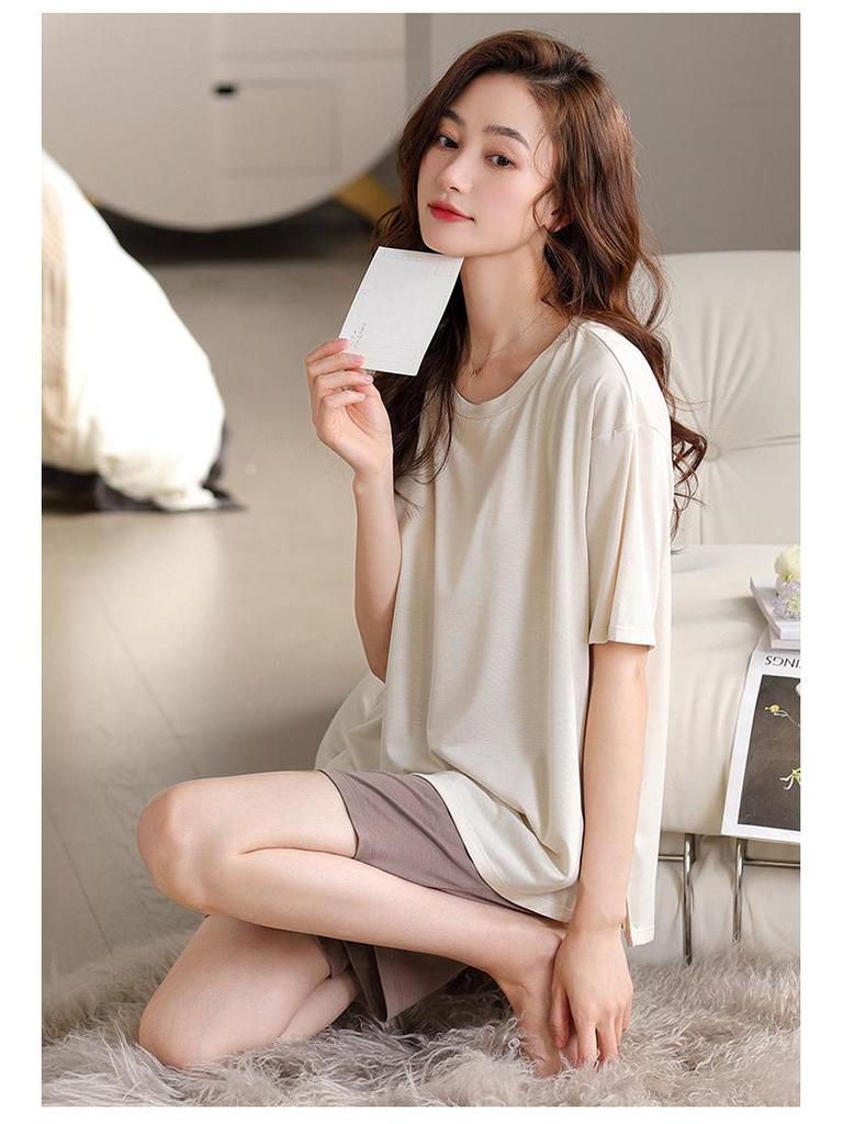 Women's Summer Modal Pajama Set with Chest Pad - Short Sleeve and Shorts, Cool Rayon, Anti-Bump, Suitable for Outdoor Wear