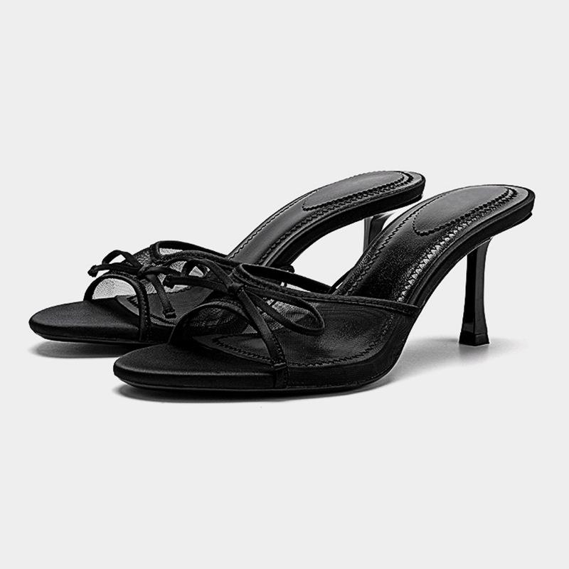 

Fashion Fashion Women Heel Slippers Lace Mesh Bow Luxury Sandals Zapatos De Mujer trends flip flops woman shoes slides chanclas de mujer 41 чёрный