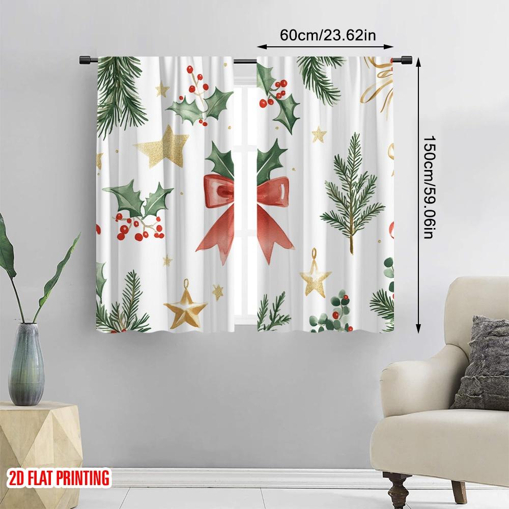 2 Stück, 2D-Flachdruck Vorhang Beliebte Weihnachtsschleife Stechpalmenbeere Baum (2) 100% Polyester (ohne Stange) Art Deco Festlich Perfekt