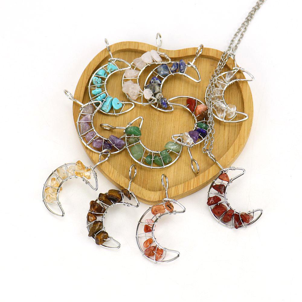 Silver Hand-Wound Colorful Gravel Bead Crystal Amethyst Moon Pendant Necklace N130