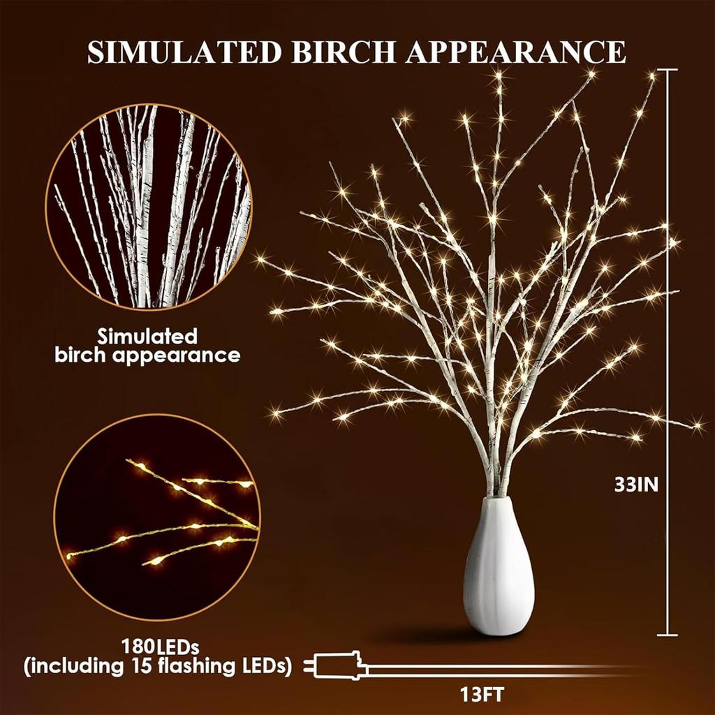 Lighted White Birch Branches with Timer 33IN 180 LED Twig Birch Branches for Vase Chriatmas Decor Artificial Birch Tree Branch Holiday Parent (Birch