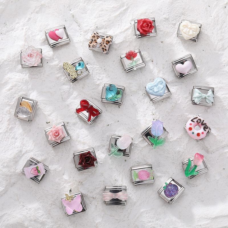 Colorful Crystal Candy Love Rose Flower Tulip Butterfly Fit 9mm Italian Charms Bracelet Stainless Steel Jewelry DIY Making Gifts