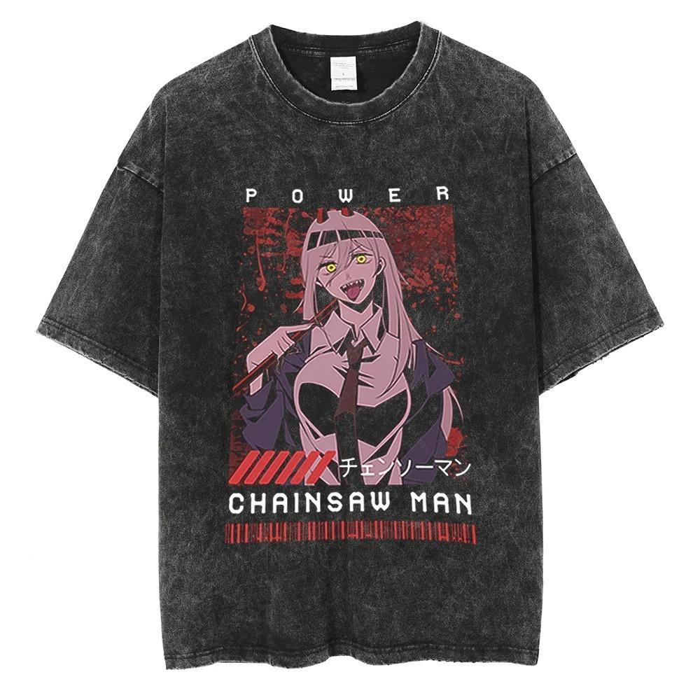 Chainsaw Man Denji Chainsaw Form Blood Splatter Vintage Washed Anime T-Shirt, Unisex Manga Fan Streetwear Tee, 100% Cotton Casual Short Sleeve Top