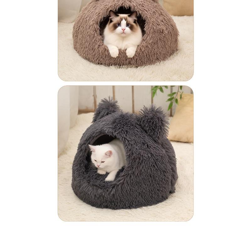 Enclosed Warm Long Plush Cat Ear Pet Bed For Cats And Dogs