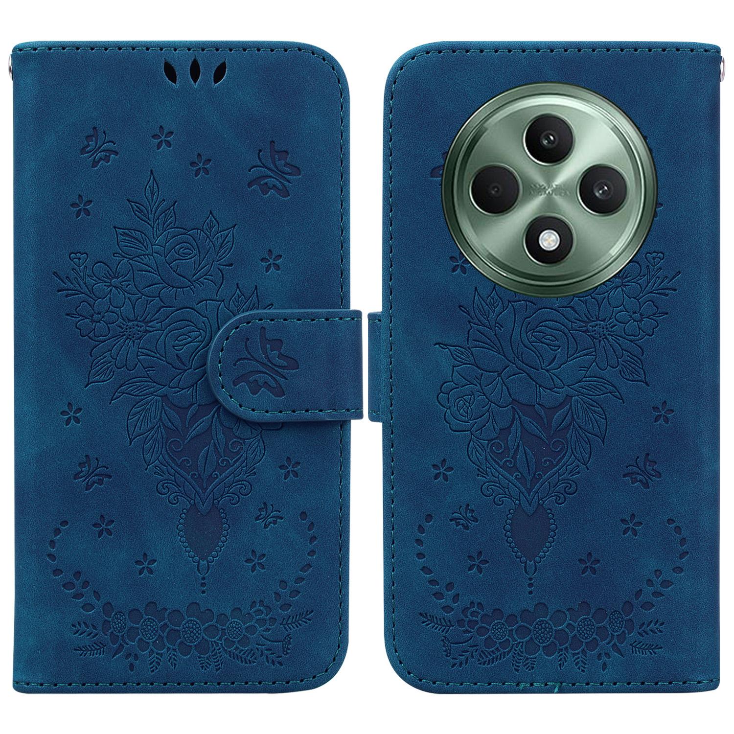 

For Oppo Reno12 F 5G Case PU Leather Wallet Phone Cover Butterfly Flower Imprint Blue