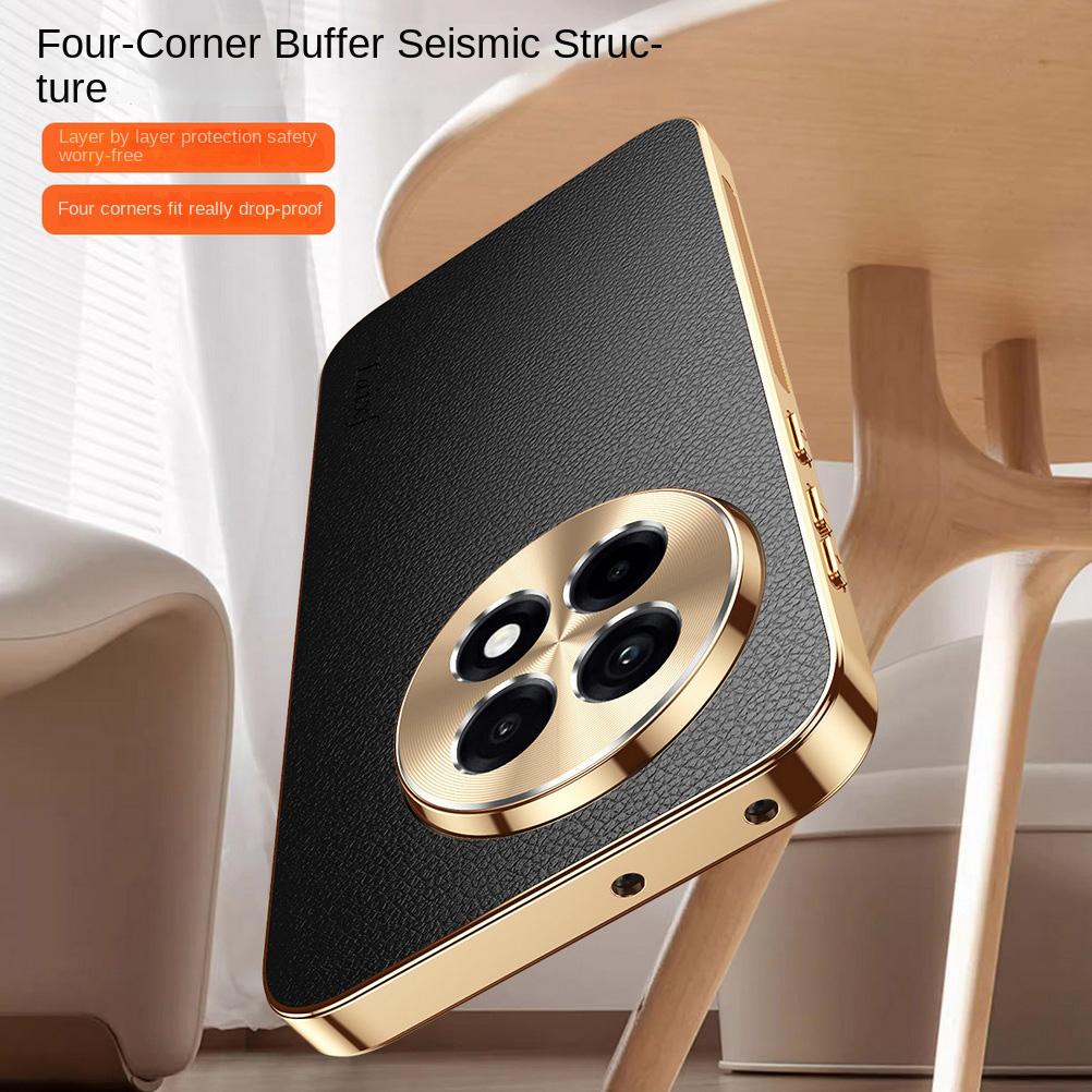 First Layer of Cowhide Lychee Texture Electroplated Frame Case For OnePlus 13R 13 12R One Plus Ace 5 Pro 3 2 Lens Protect Cover