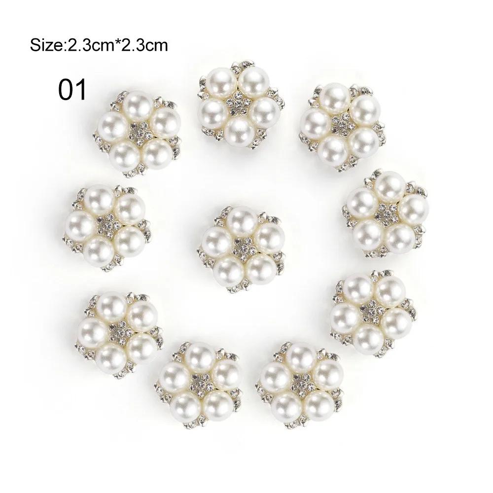 10pcs DIY Crafts Flower Rhinestones Buttons Pearl Button Wedding Decoration Diy Alloy Cryustal Bow Accessories Sewing Button