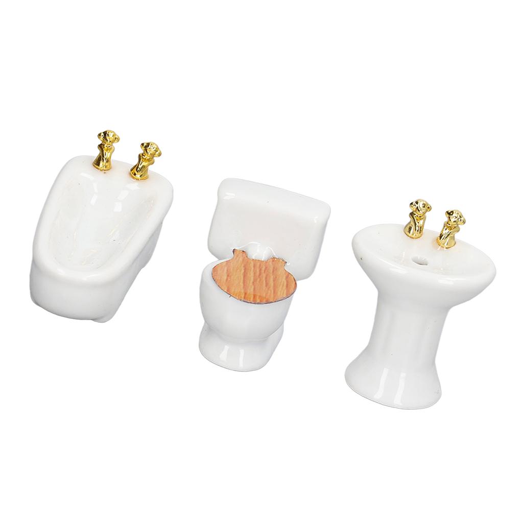 3Pcs Dollhouse Miniature Bathroom Set Ceramic Simulation Bathtub Toilet Sink 1/24 Dollhouse Bathroom Furniture Pure White