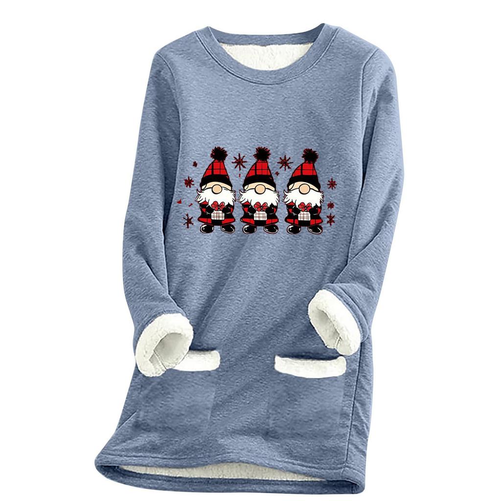 Ladies' Loose And Comfortable Round Neck Christmas Print Thick With Pockets Long Sleeved Top