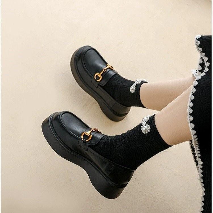 Leather Platform Shoes Women's Spring and Autumn New Versatile Muffin Single Shoes Black Small Leather Shoes Women