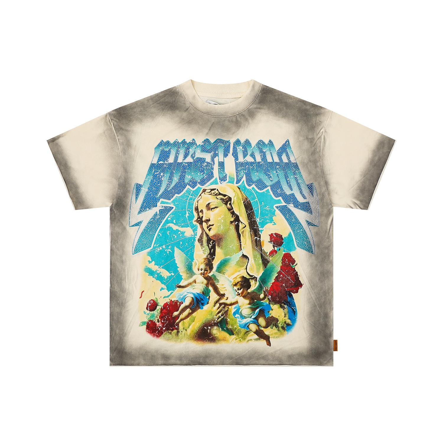 

Unisex Vintage Washed T-Shirt, Madonna & Angels Print with Rhinestone Letter, Oversized Streetwear Tee S