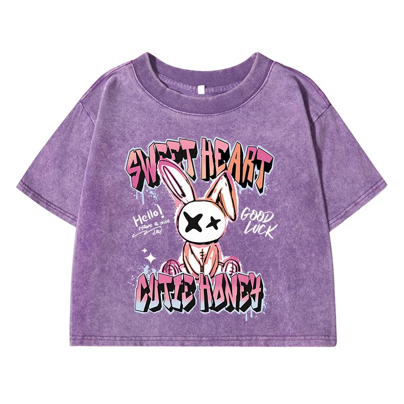 Sweet Heart Rabbit Cartoon Printing Female Washed Short T-Shirt Summer Cool T Shirts Distress Midriff-Baring Clothes