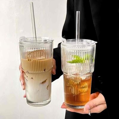 600ML Large Capacity Cup, High Aesthetic Coffee Cup With Lid and Water Cup, Simple Straw, Vertical Stripe Glass Cup