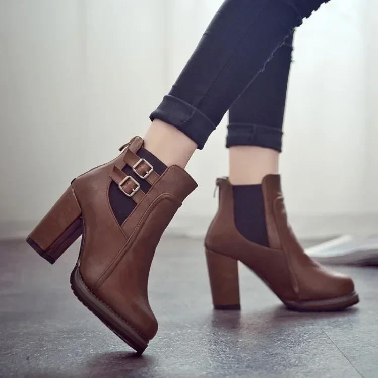 New Retro High Heel Elastic Belt Buckle Short Boots Fashionable High Heel Ankle Boots for Women