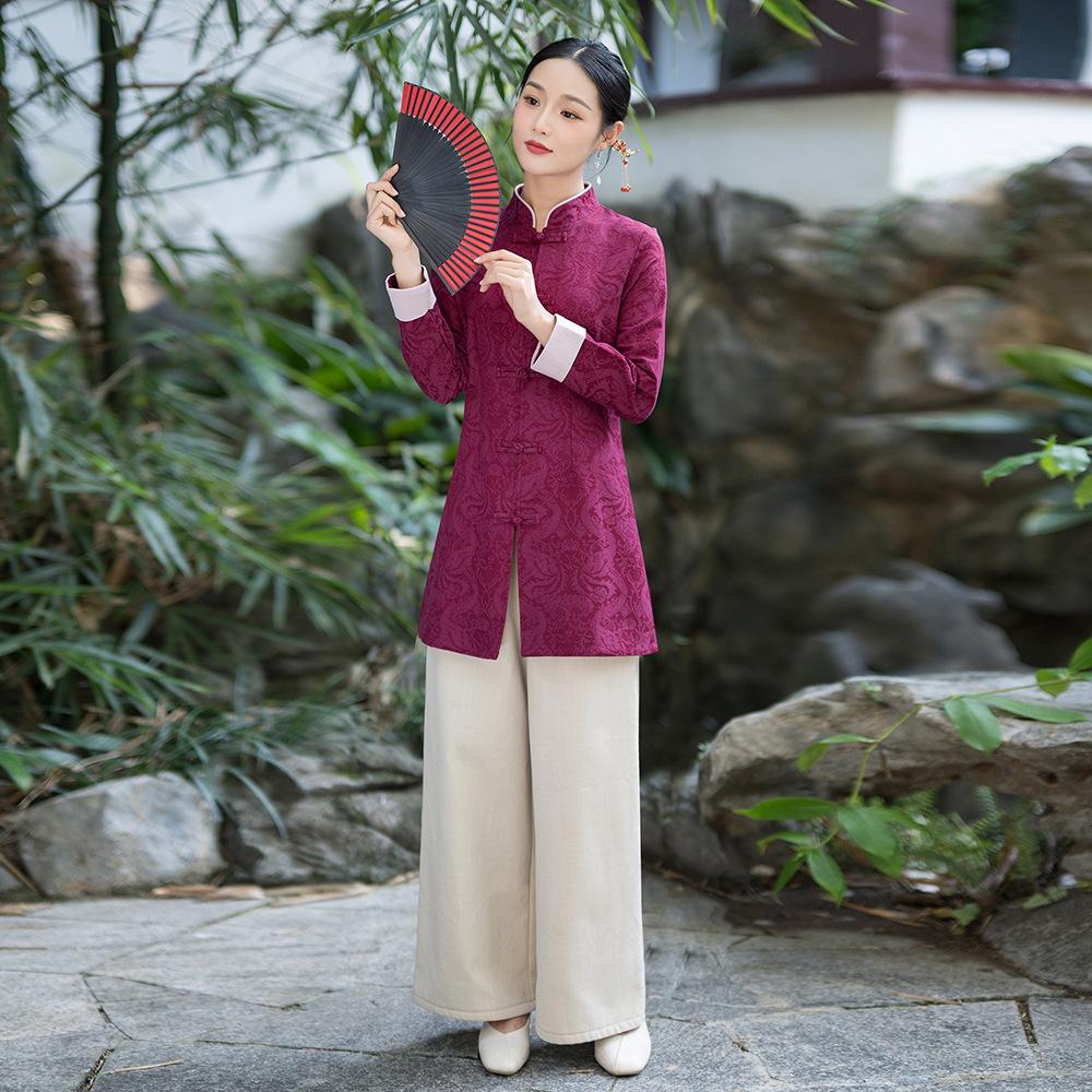 

Chinese Retro Jacquard Tang Suit & Wide-Leg Pants Zen Tea Set for Women L
