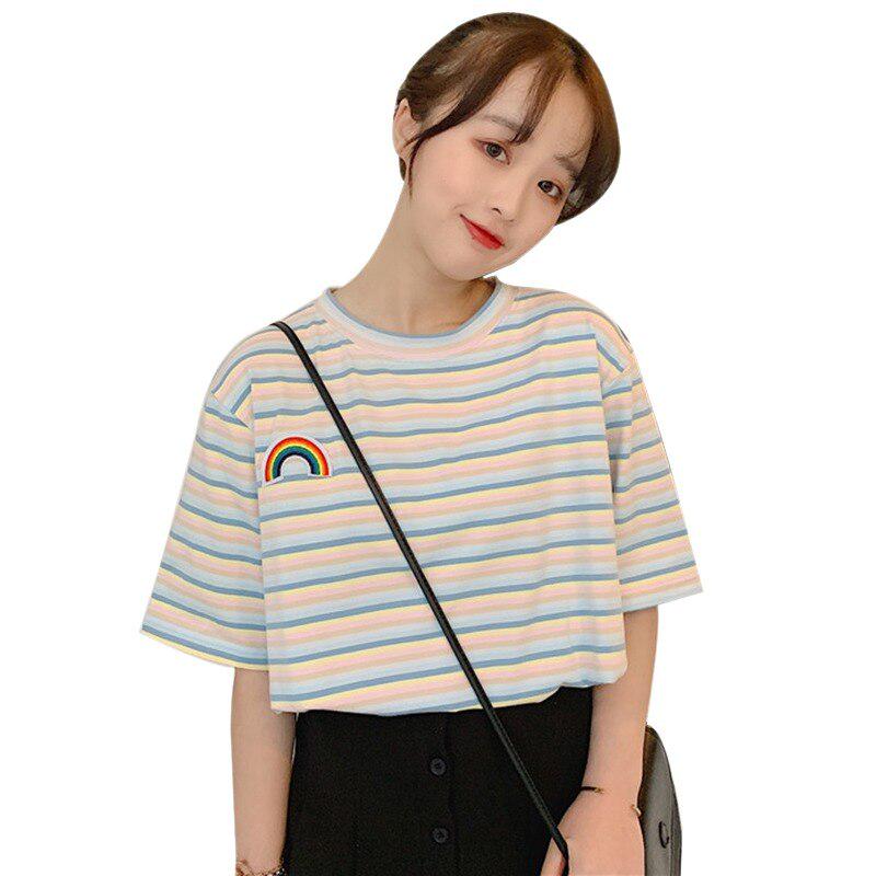 Women's  Summer Casual T Shirt Short Sleeve O-Neck Rainbow Striped Loose Tee