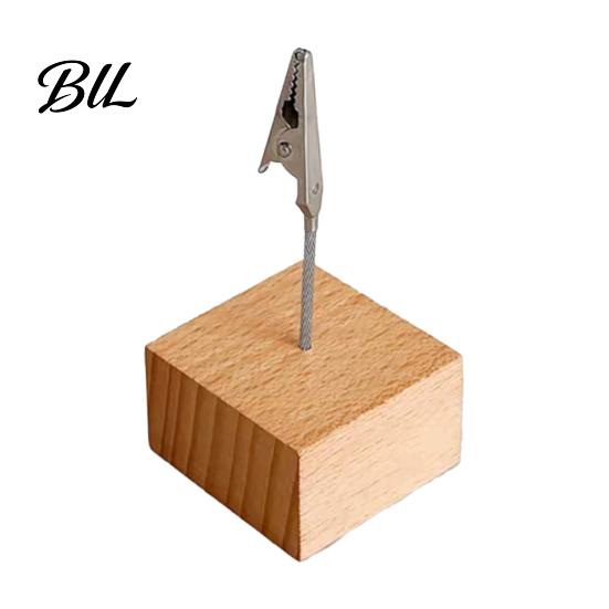 Party Place Card Holder Wooden Cube Memo Clip Stand, Note Display Solid Wood Square Base Desktop Organizer Holder, Vertical Receipt for Wedding