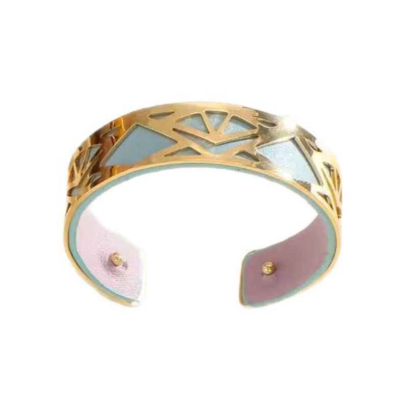 Stylish Replaceable Double-Sided Colored Pu Leather Wide Bracelet Hollow Rhombus Titanium Steel Open Bracelet
