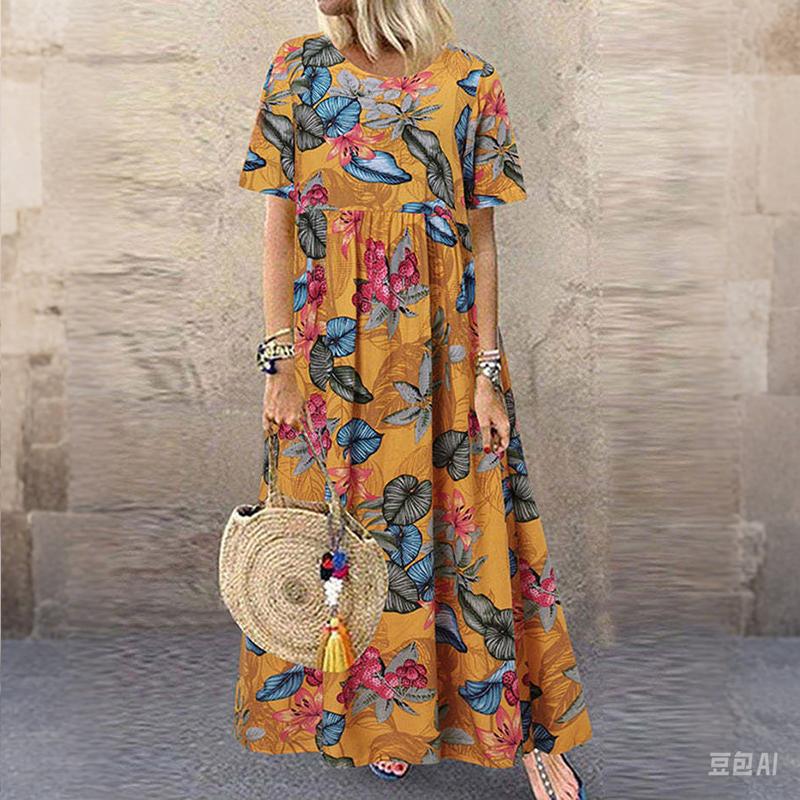 Vestido de Verano con Estampado Floral - Maxi Casual de Cuello Redondo para Mujer de Manga Corta Suelto para Vacaciones en la Playa