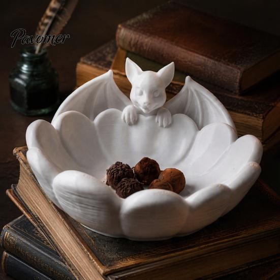 3D Printed PLA Tray Halloween Bat Candy Dish, Matte White Cute Trinket Bowl, Gothic Table Ornament for Entryway And Coffee Unique Gift Friends