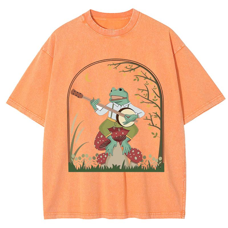Frog Playing Banjo On Mushroom Printed Washed T-Shirt Women Casual Cotton T Shirt Y2K Tops Summer Oversize Streetwear