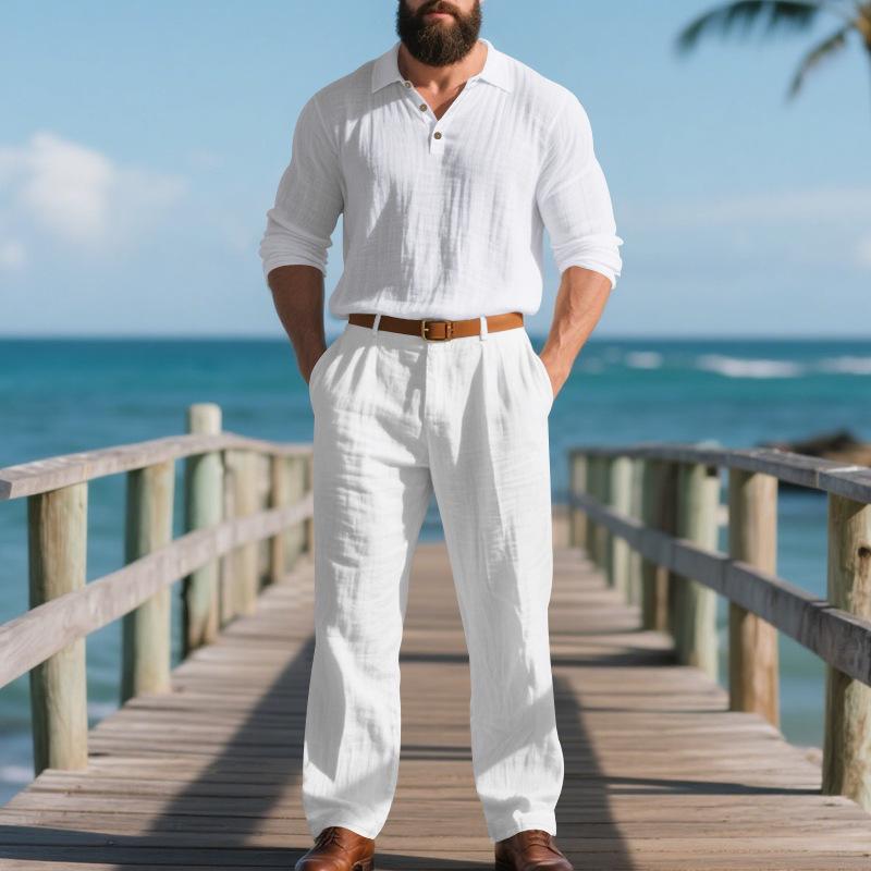 Atmungsaktives Leinenhemd & Hose Set für Herren - Lässig, Bequem, Unifarben S weiß