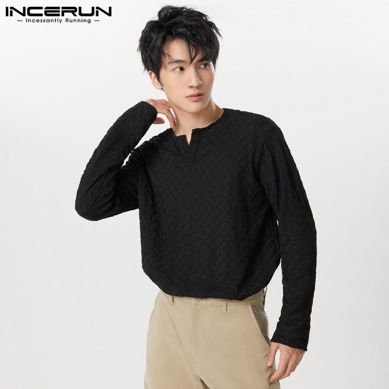 INCERUN Spring Men V-neck Long Sleeve Texture Tops Oversized T-shirts S zwart