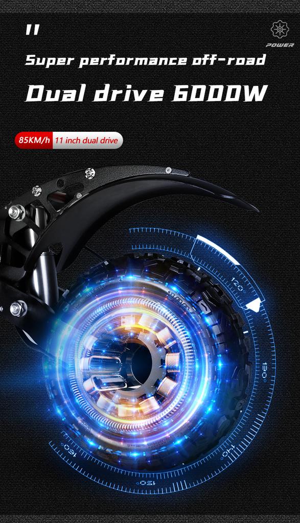 6000W Leistungsstarker Elektroroller 60V 38Ah Höchstgeschwindigkeit 85km/h 100km Reichweite 11'' Reifen Doppelte Stoßdämpfung Faltbarer EScooter für Erwachsene