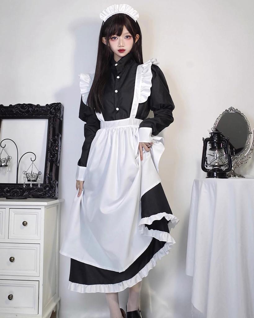 Dienstmädchen im britischen Stil, schwarz und ein Cosplay-4-teiliges langes großes Dienstmädchenkostüm für Jungen und Mädchen [Kamizu Ryohin] Kleidung, lang, weiß, teilig, Kostüm, Set,
