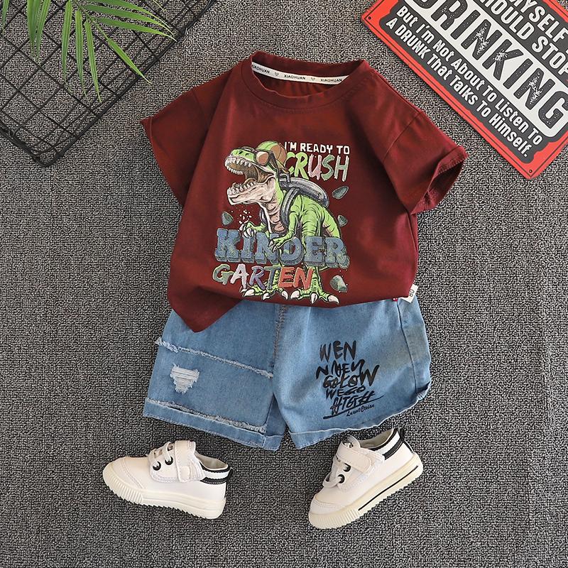 

Комплект из 2 предметов для мальчиков из хлопка - Футболка с коротким рукавом с мультяшным динозавром + Повседневные джинсовые шорты - Удобный повседневный наряд -S-XXL XXL красный