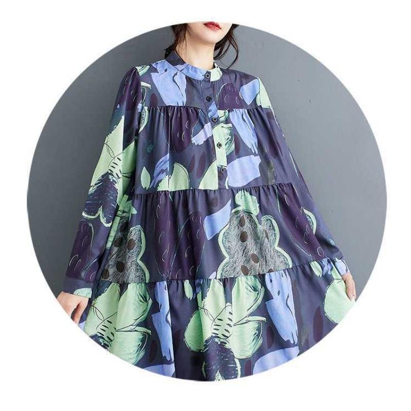 Loose and Thin Fashion Long-sleeved Printed Mid-length Dresses