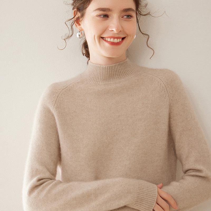 Women's 100% Pure Cashmere Soft Knit Sweater, Half-High Neck, Loose, Skin-Friendly, Slimming Base Layer