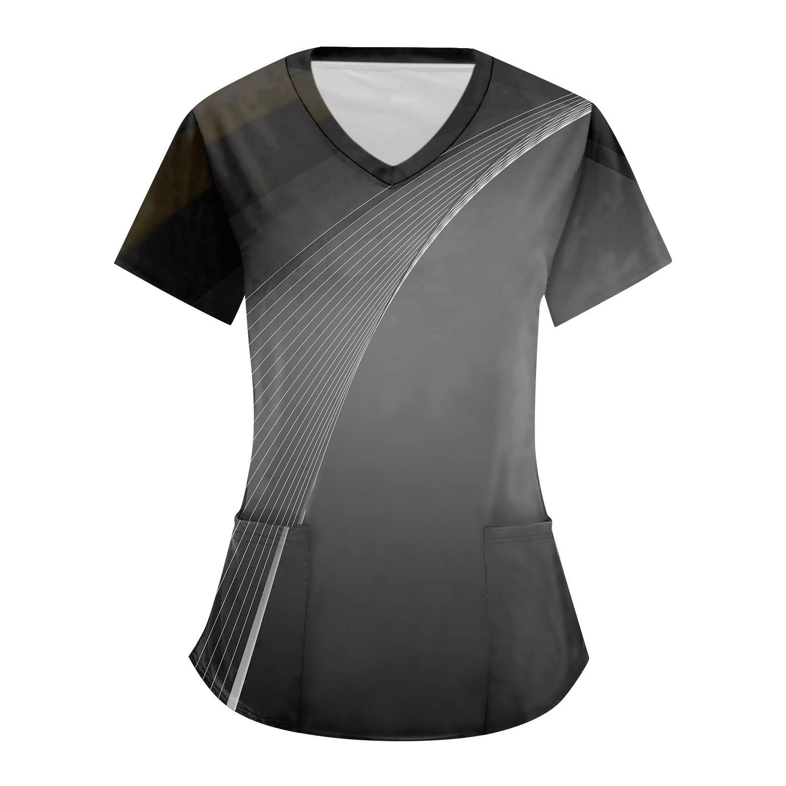 Women s Stripe Geometry Printed Short Sleeve V-neck Tops Working Pocket Blouse XL