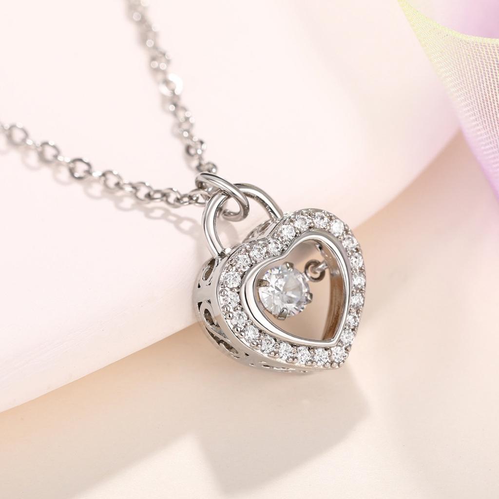 Floating Round Cubic Zirconia Double Layer Heart Lock Pendant Ins Women Clavicle Necklace