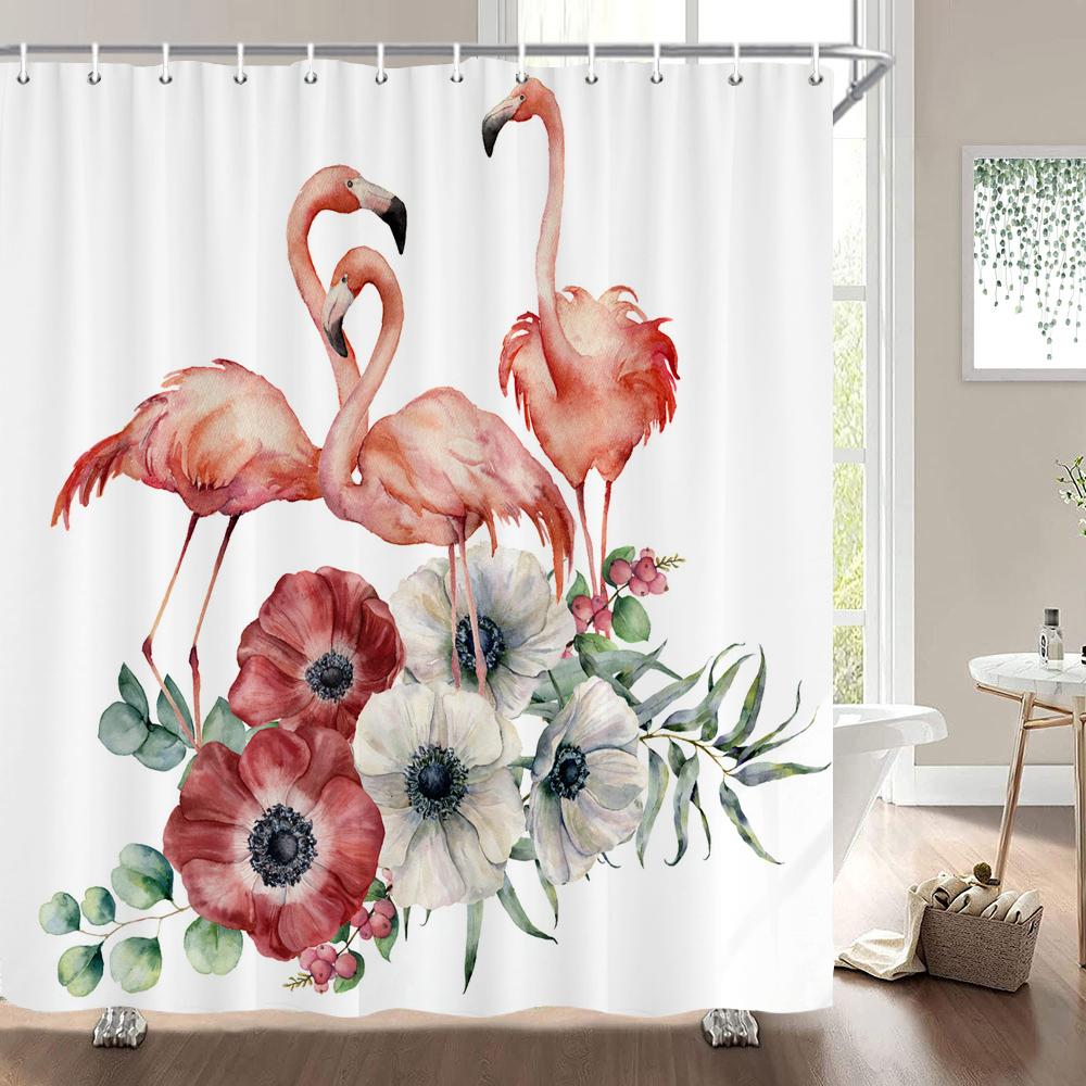 Flamingo Shower Curtain Fabric Waterproof Polyester Bathroom Curtains Pink Birds With Hooks 240X180 Decoration Bath Screen
