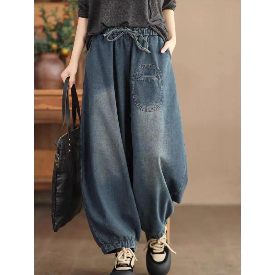 

Женские джинсы Harlan, свободные брюки-фонарики, новые эластичные, с высокой талией, карманами, завязками, Radish Solid, минималистичные повседневные джинсы XXL