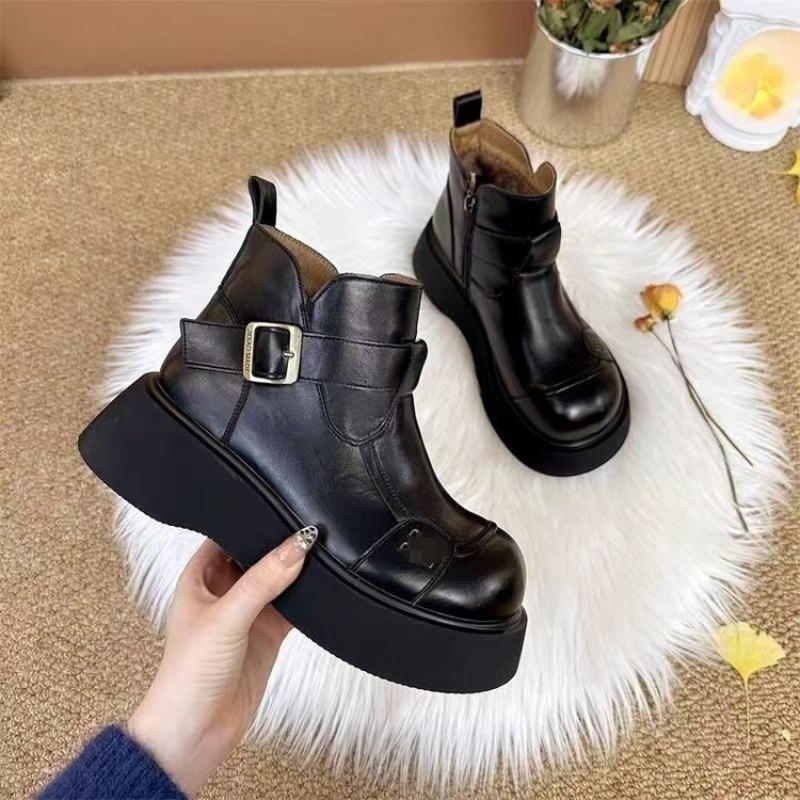 Fashion Platform Short Boots Women's Winter New Velvet Warm Leather Cotton Shoes Thin British Martin Boots