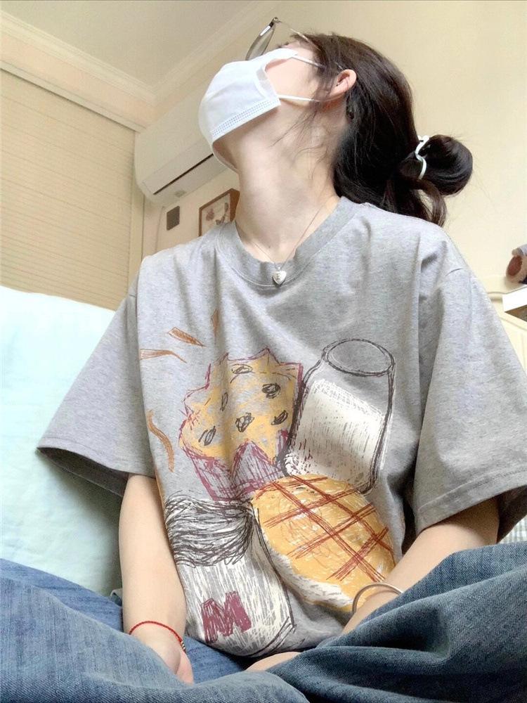 100% Pure Cotton Gray Women's European Short-Sleeve Summer T-Shirt - Trendy American Niche Design
