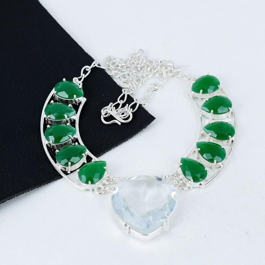 Amazing Emerald Gemstone Handmade 925 Sterling Silver Electroform Necklace, White Topaz Silver For Wife Unisex Pendant Anniversary Gifts