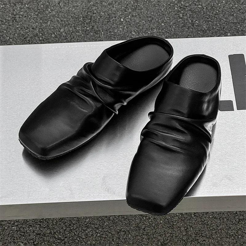 Fashion Summer Men Shoes Casual Flat Designer Loafers Fashion Soft Bottom Genuine Leather Half Slipper Breathable Slip On Walking Shoes