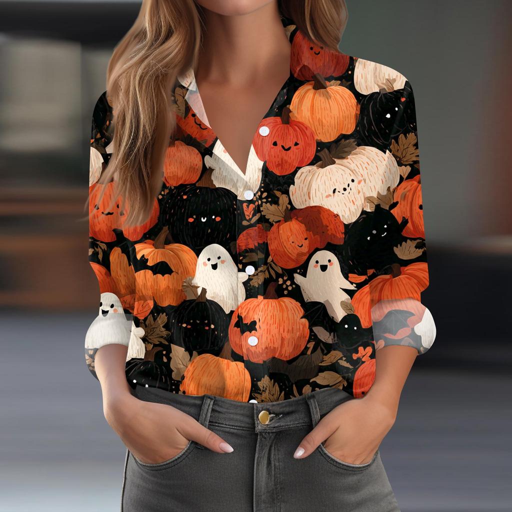 Damen Halloween Bedrucktes Lässiges Halbgeöffneter Kragen Langarmhemd