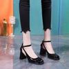Autumn new fashionable retro versatile one-word buckle breathable belt thick heel high heels women's shallow mouth patent leather single shoes
