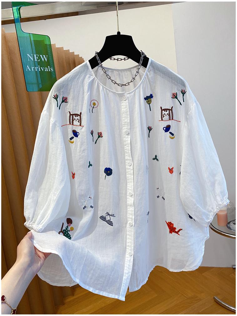 Women's Unique Embroidery Ramie Top - Extra Large, Lightweight, Chic, and Stylish for Summer 2026