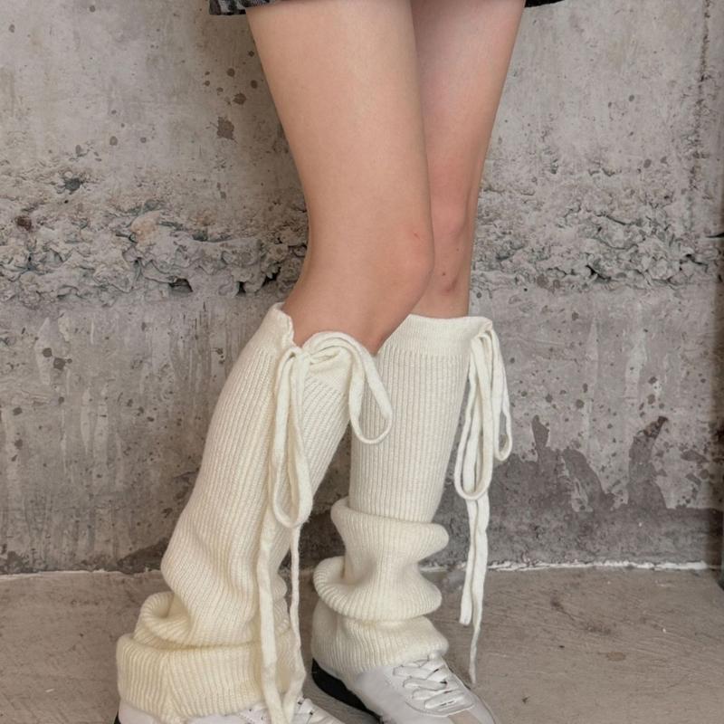 Women Ribbed Knitted Leg Sleeves with Ties Drawstring for Winter Warmth Vertical Striped Leg Warmers Footless Boot Socks