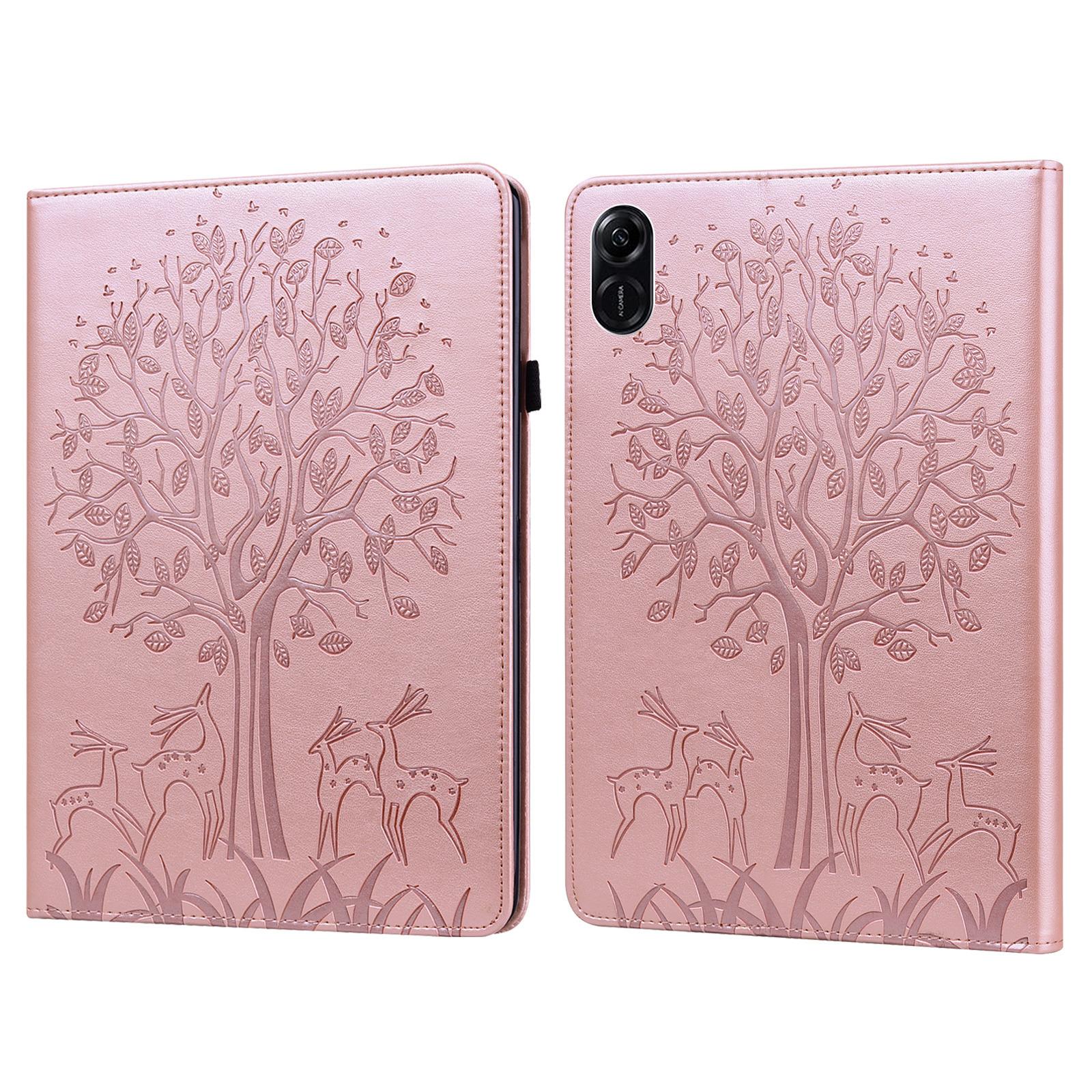 

For Honor Pad X9 Case PU Leather Tree Deer Pattern Folding Stand Tablet Cover Rose Gold