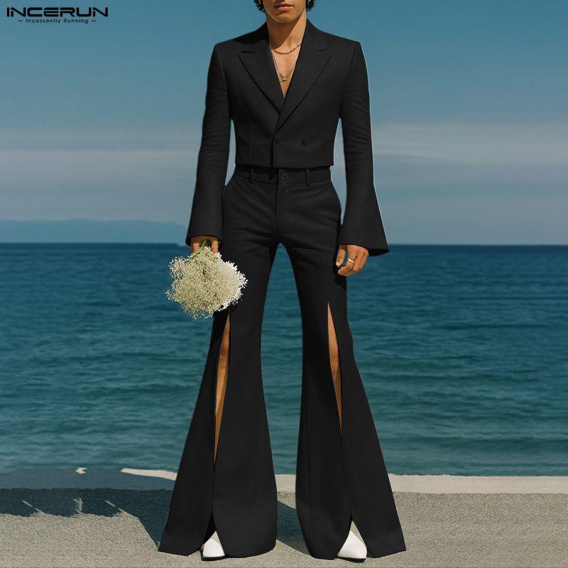 INCERUN 2PCS Men Lapel Long Sleeve Cropped Blazer Long Splits Flare Pants Casual Outfits Two Piece Sets