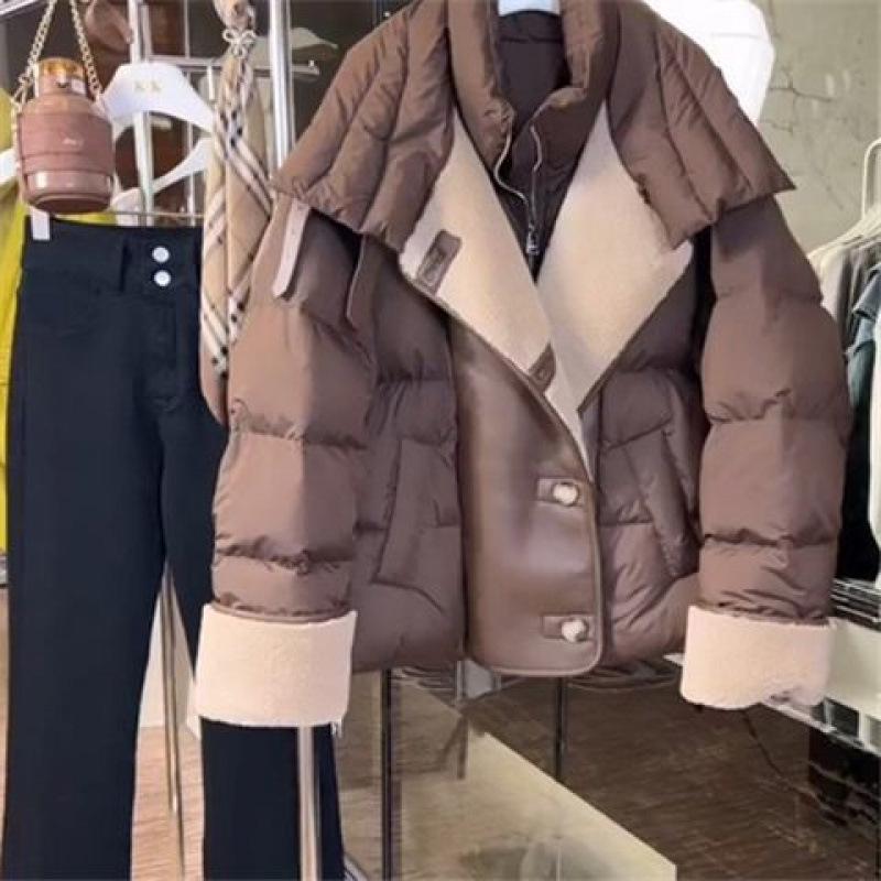 

Women s Winter 2024 Brown Short Down Jacket - High-End, Trendy Lapel Style Small