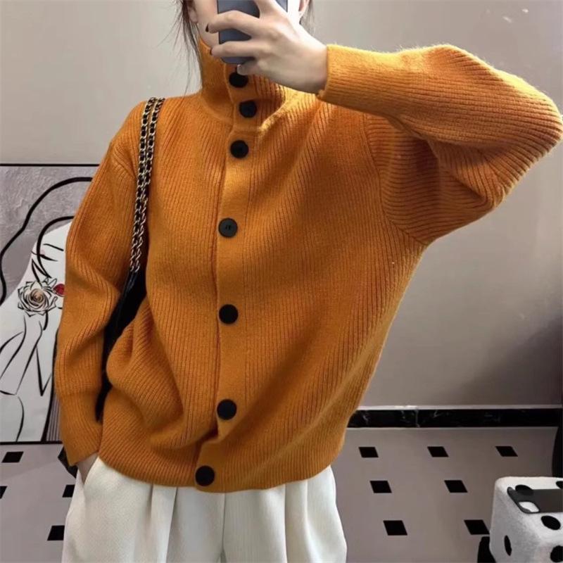 Turtleneck single-breasted solid-color long-sleeved sweater jacket women's loose autumn and winter lazy solid-color large-size knitted cardigan